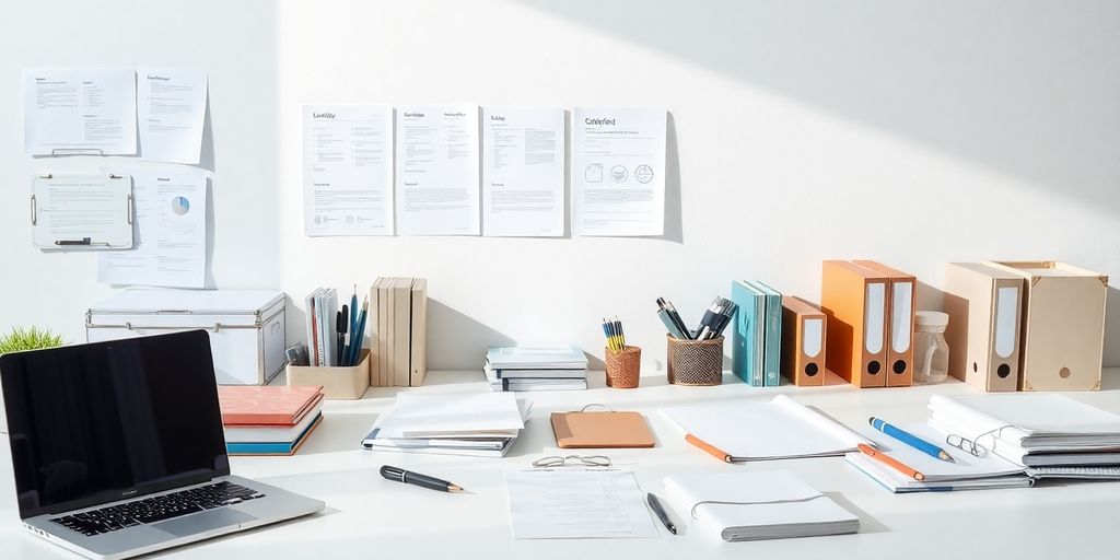 Organized workspace with documents and a laptop.