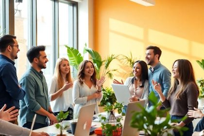 Diverse professionals collaborating in a bright office setting.