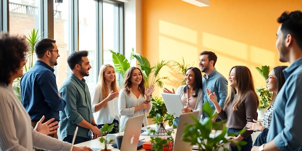 Diverse professionals collaborating in a bright office setting.