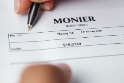 Close-up of a person filling out a money order.