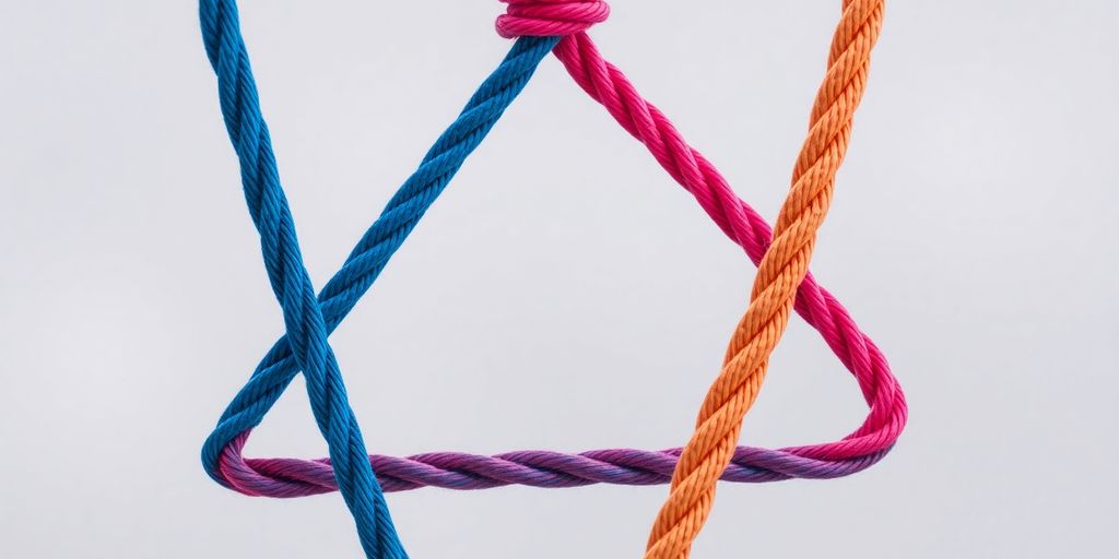 Close-up of a colorful triangular rope arrangement.