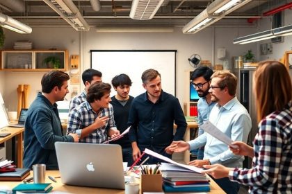 Entrepreneurs collaborating in a modern workspace.