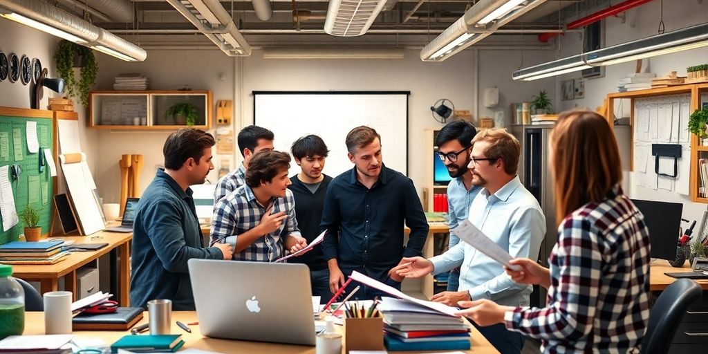 Entrepreneurs collaborating in a modern workspace.