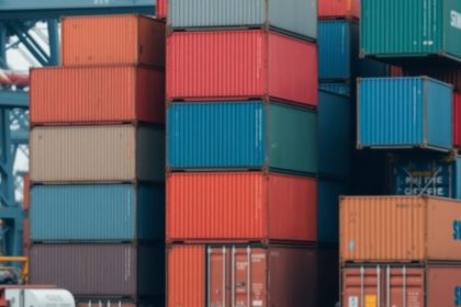 Colorful shipping containers in a busy port setting.