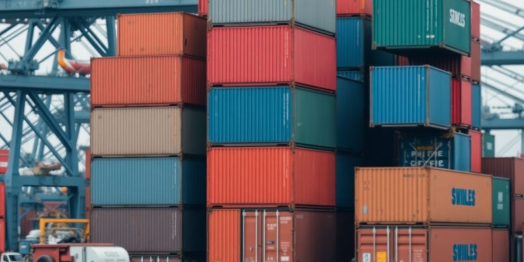 Colorful shipping containers in a busy port setting.