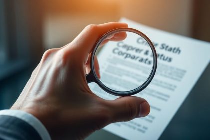 Businessperson examining a document with a magnifying glass.