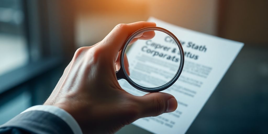 Businessperson examining a document with a magnifying glass.