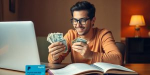 Person counting cash with a laptop and notepad nearby.