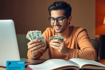 Person counting cash with a laptop and notepad nearby.