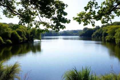 Tranquil lake scene with lush greenery and soft sunlight.