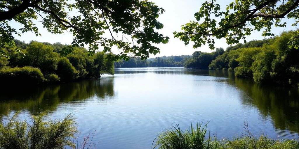 Tranquil lake scene with lush greenery and soft sunlight.