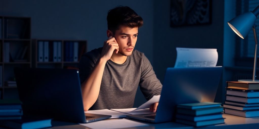 Student studying with books and laptop at desk.