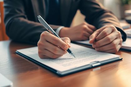 Person writing a memo at a desk with a notepad.