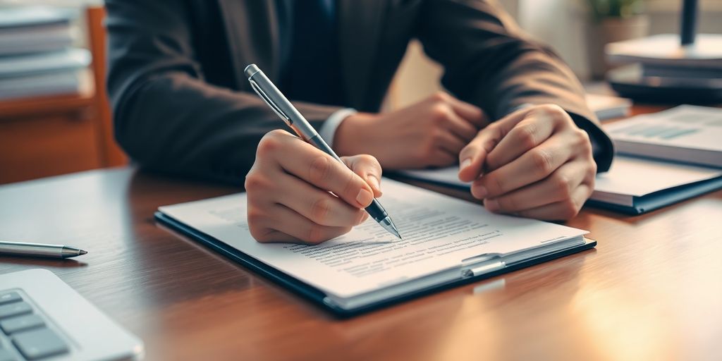 Person writing a memo at a desk with a notepad.