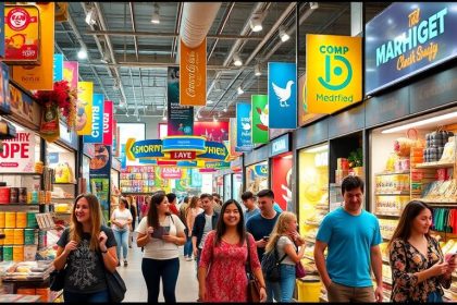 Colorful retail space with products and happy customers shopping.