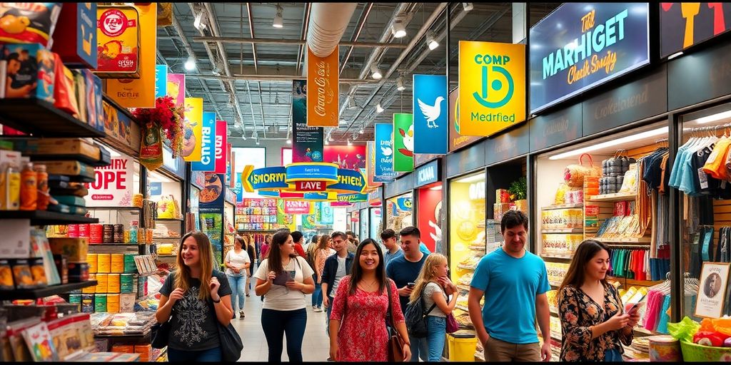 Colorful retail space with products and happy customers shopping.