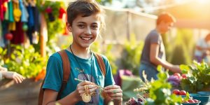 Teen making money through creative activities outdoors.