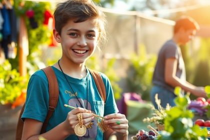 Teen making money through creative activities outdoors.