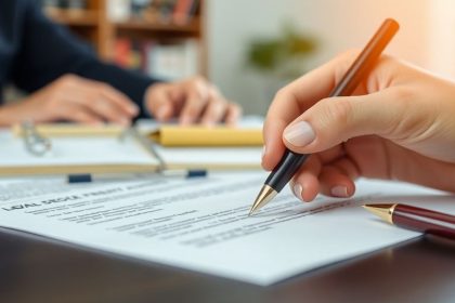 Hand holding pen above legal document in office setting.