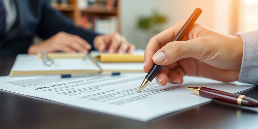 Hand holding pen above legal document in office setting.