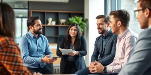 Diverse angel investors collaborating in a modern office.