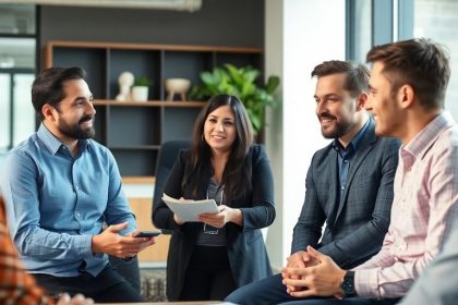 Diverse angel investors collaborating in a modern office.