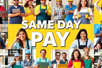 Collage of workers enjoying immediate payment in various jobs.