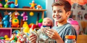 13-year-old counting money with toys and lemonade stand.