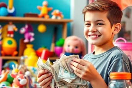 13-year-old counting money with toys and lemonade stand.