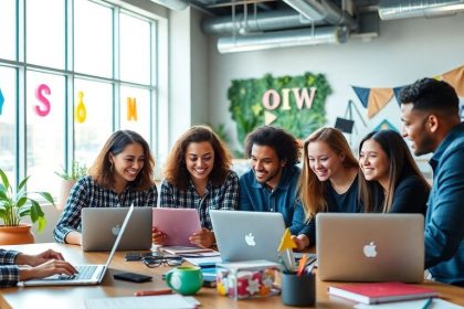 Diverse entrepreneurs collaborating in a modern workspace.