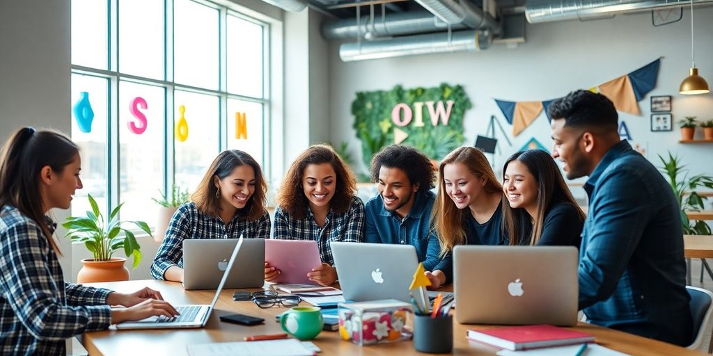 Diverse entrepreneurs collaborating in a modern workspace.