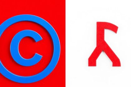 Copyright and trademark symbols on contrasting backgrounds.