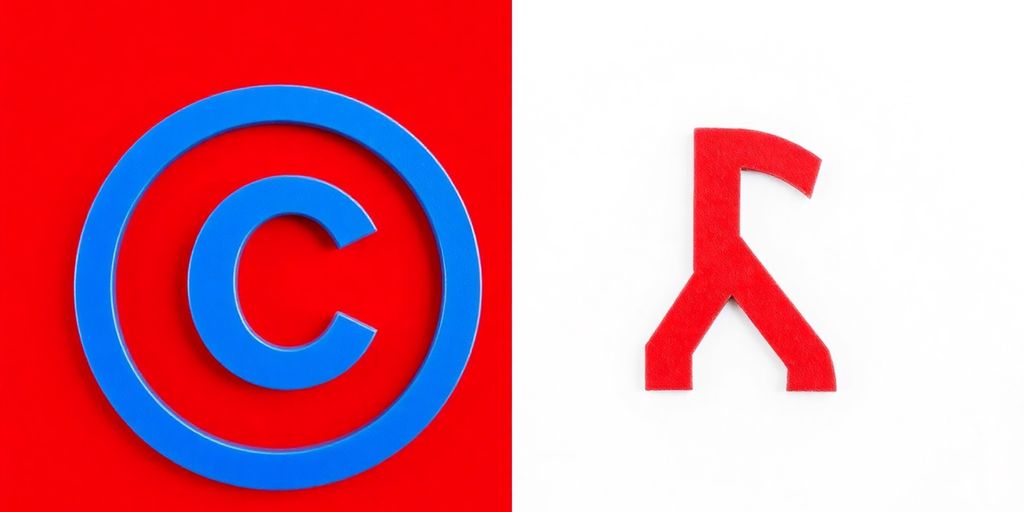 Copyright and trademark symbols on contrasting backgrounds.