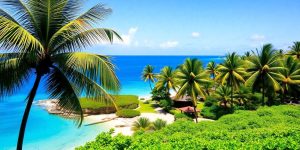 Lush Hawaiian landscape with beach and palm trees.