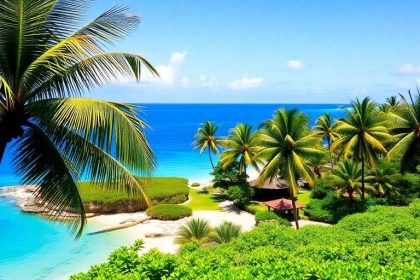 Lush Hawaiian landscape with beach and palm trees.