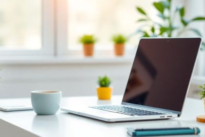 A laptop and coffee cup on a clean desk.