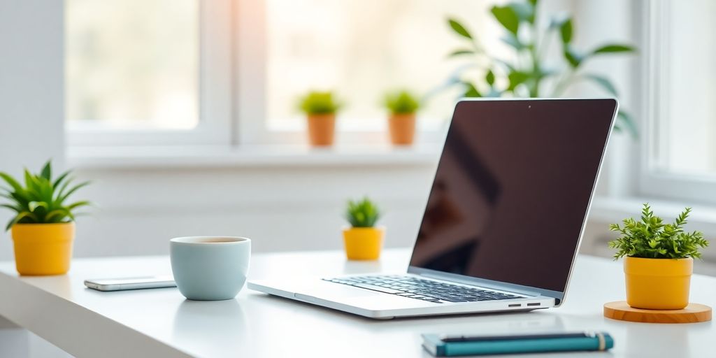 A laptop and coffee cup on a clean desk.