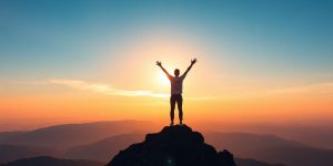 Person celebrating success on a mountain peak at sunrise.