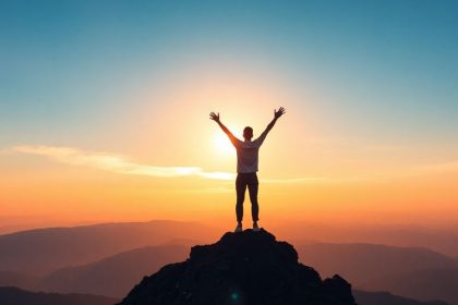 Person celebrating success on a mountain peak at sunrise.