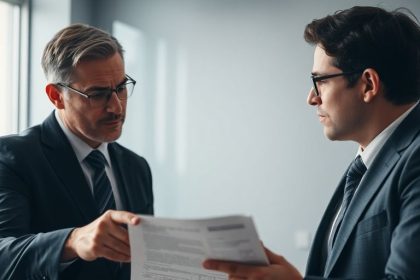 Two professionals discussing a business charge dispute.