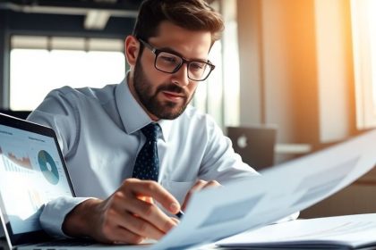 Business professional analyzing data in a modern office.