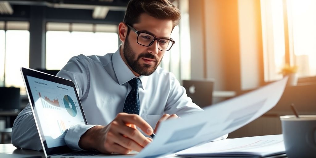 Business professional analyzing data in a modern office.