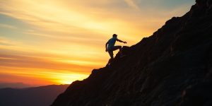 Person climbing a mountain at sunset, symbolizing hard work.