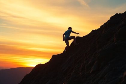 Person climbing a mountain at sunset, symbolizing hard work.