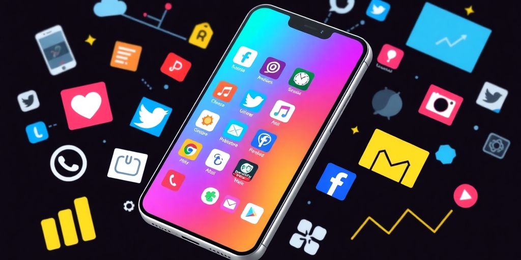 Smartphone with app icons and mobile marketing elements.