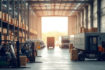 Workers managing logistics in a busy warehouse environment.