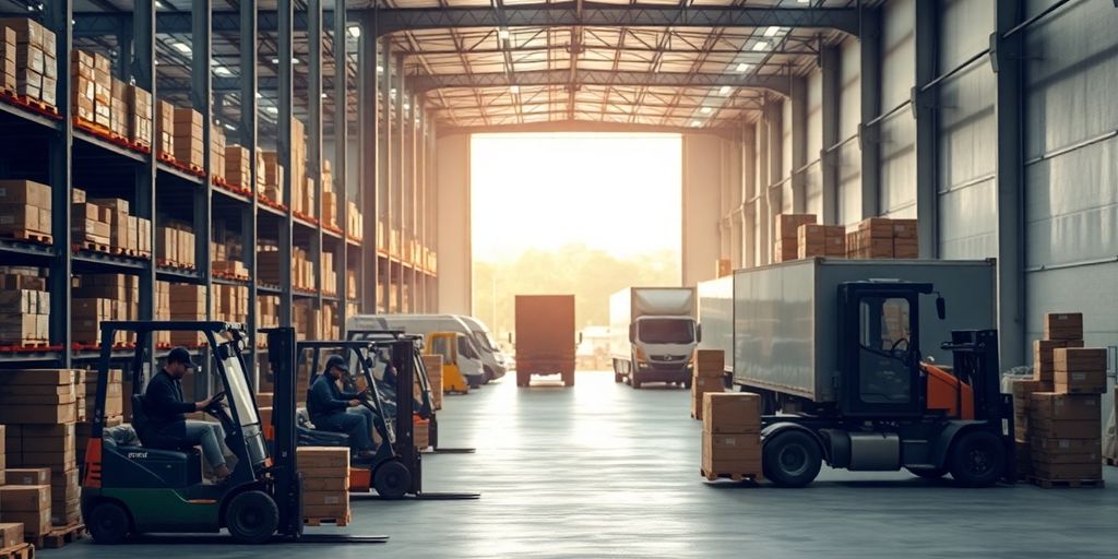 Workers managing logistics in a busy warehouse environment.