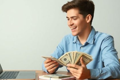 Young adult counting cash with laptop and notepad.