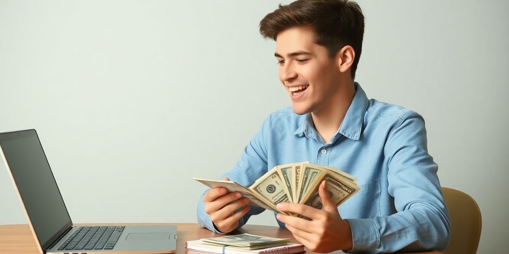 Young adult counting cash with laptop and notepad.