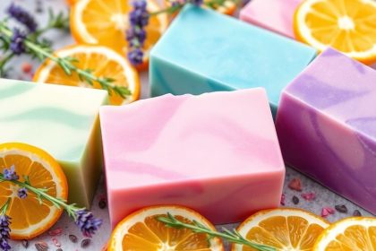 Colorful handcrafted soaps with natural ingredients on display.